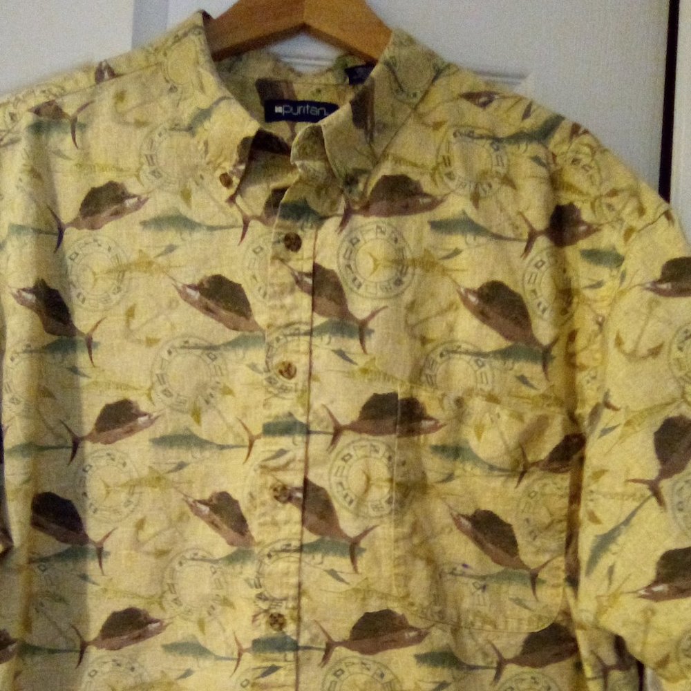 Puritan Tan with Fish Marlin anchor pattern cotton Shirt men’s size 2XL- AS IS